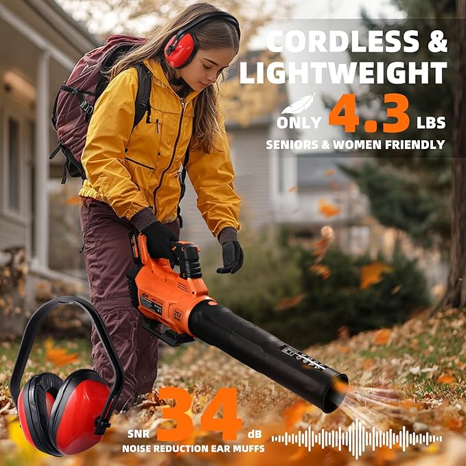 Decerk 21V Leaf Blower Cordless Electric Snow Blowers with 2X 4.0Ah Battery Lightweight Blower with Turbo Button Variable Speed Dial and Cruise Control for Sidewalks Garages Yards &amp Patios
