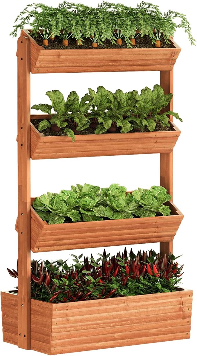 Vertical Wooden Raised Garden Bed Garden Planters Freestanding Wood Plant Stand Flower Rack Wooden Planter Box for Plants Herbs Flowers Vegetables Outdoor Indoor Gardening (4-Tier Brown)