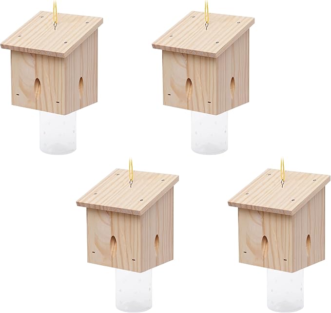 Carpenter Bee Trap for Outside - Pentroof Style Nature Hanging Wood Carpenter Bee Traps Outdoor - Best Bee Trap - Insect Traps with Removable Vault (4 Pack)