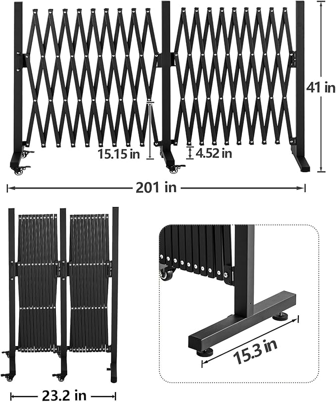 TECSPACE Aluminum Expandable Garden Fence Portable Barricade Gate with Casters Expansion Size 201×15.2×40.6 inches Adjustable Flexible Fence Mobile Barricade Safety Barrier