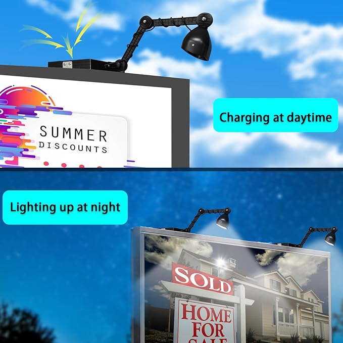 Solar Sign Lights Outdoor 60 LEDs Super Bright Billboard Lights IP65 Waterproof 3.7V 5200 mAh Commercial Solar Lights for Real Estate Signs usiness Yard Sign Lighting