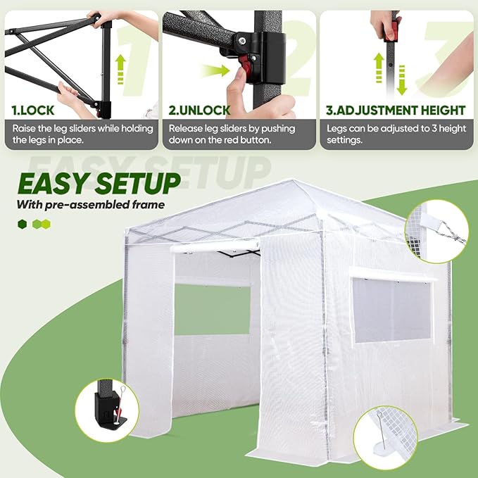 EAGLE PEAK 8x8 Portable Walk in Greenhouse Pop Up Indoor Outdoor Greenhouse Green House Kit with Zippered Roll-Up Doors and Windows PE Cover Clear/White