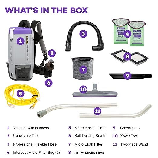 ProTeam Super Coach Pro 6 Backpack Vacuum Commercial with 2 Piece Wand Tool Kit 6 Quart Corded 107308