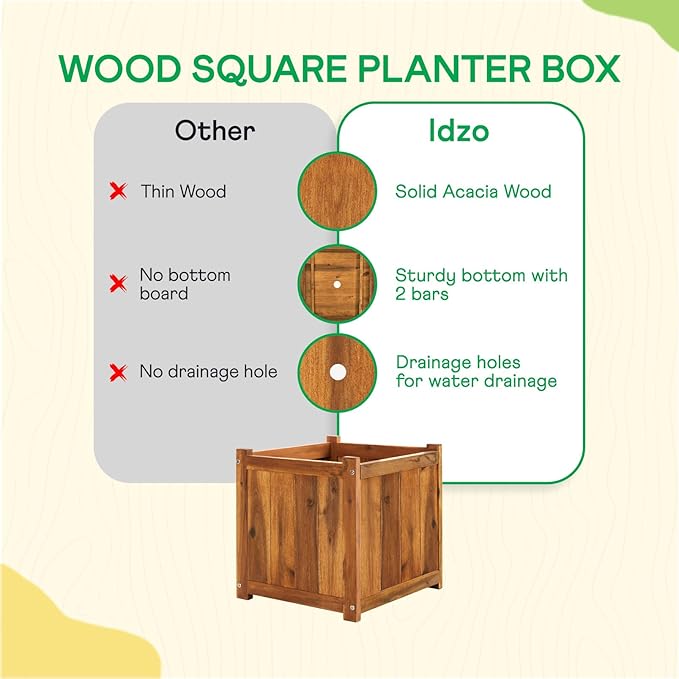 Idzo Acacia Wood Flower Planter Box for Outdoor Plants 1pc Wooden Raised Garden Bed with Handles Drainage Holes Ideal for Garden and Home Décor Light Cherry