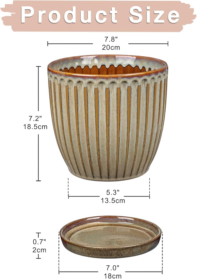 Oairse Ceramic Pots for Indoor Plants 7.8 inch Pots for Plants Brown Planters with Drainage Holes and Saucers Texture Ceramic Planters Indoor Outdoor for Succulent