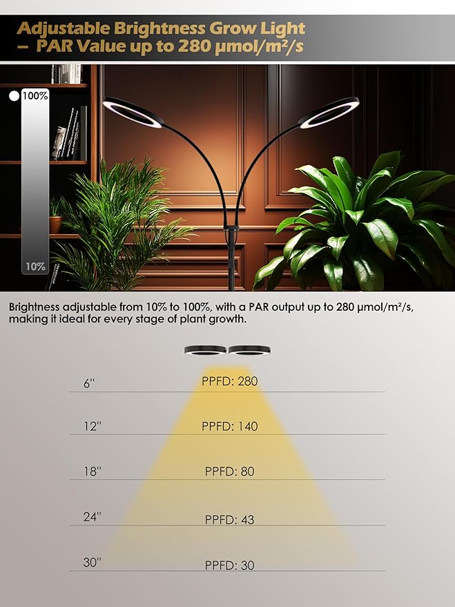 GLOWRIUM Grow Lights for Indoor Plants Full Spectrum LED Grow Light Stepless Dimming3 Lighting Mode and Adjustable Height Plant Light with 3/9/12/16H Timer (Black 48W)