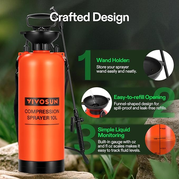 VIVOSUN 2.64-Gallon Pump Pressure Sprayer Pressurized Lawn &amp Garden Water Spray Bottle with Adjustable Shoulder Strap for Plants Spraying Garden Watering and Household Cleaning