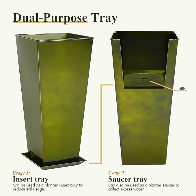Worth Garden 28 Large Metal Glazed Planter Set of 2 Luxurious Glossy Finish Green Tall Square Tapered Steel Plant Pots Decor Flower Pot Indoor &amp Outdoor Drainage Hole &amp Dual-Purpose Plant