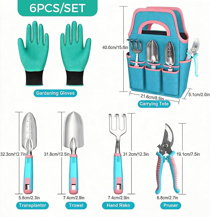 Garden Tool Set 6Pcs Essential Gardening Supplies Kit with Trowel Transplanter Hand Rake Pruner Outdoor Hand Tools for Women &amp Men