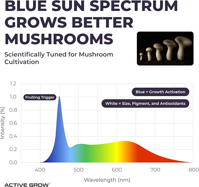 Active Grow Mushroom LED Grow Light – 4FT Blue Sun Spectrum Strip Light – 2-Pack 24W IP65 Waterproof 120-277V Daisy Chain Ideal for Oyster Shiitake Lion’s Mane