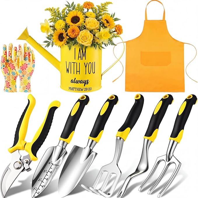 9 Pcs Garden Tools Set Gardening Gifts for Women Include 6 Heavy Duty Garden Hand Tools 1. 6L Christian Galvanized Metal Watering Can Apron Gloves Ideal Gifts for Women Mom Grandma(Yellow)
