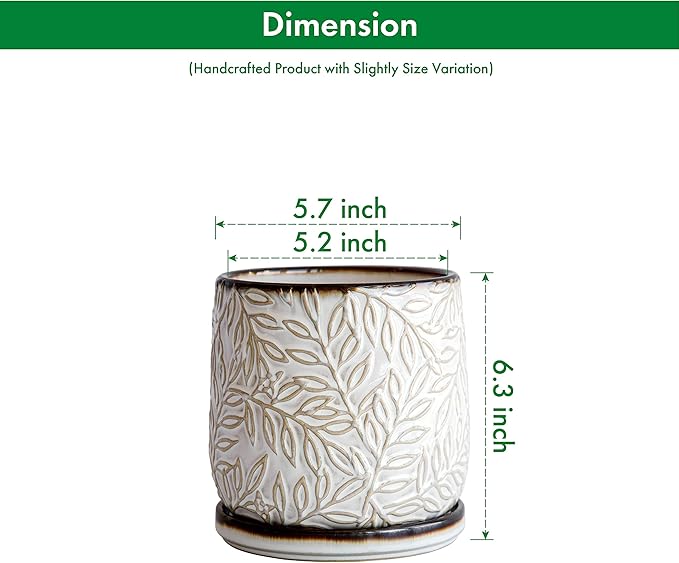 D'vine Dev 6 Inch Embossed Leaves Stoneware Planter Pot with Drainage Hole and Saucer Smoked White Set of 1 27-A-X-1