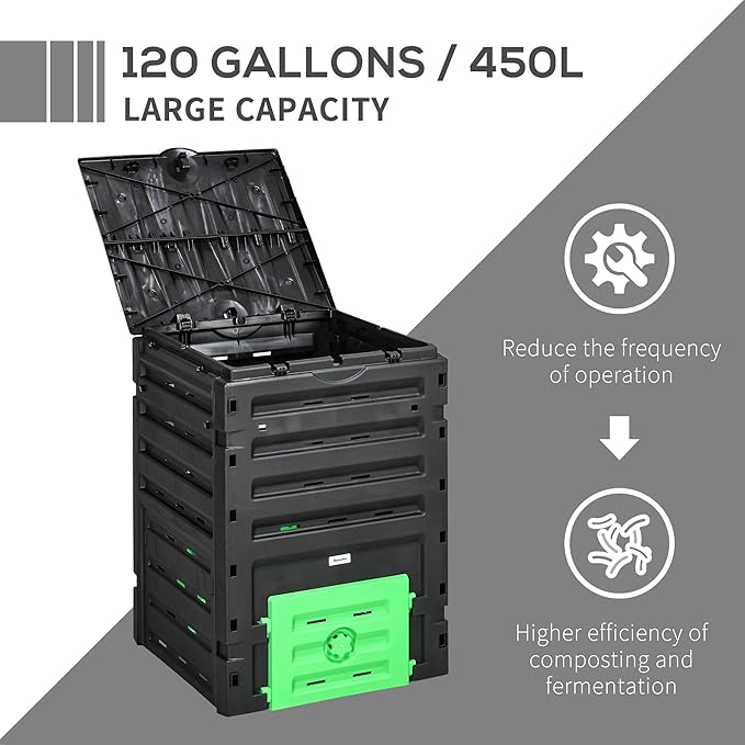 Outsunny Garden Compost Bin 120 Gallon (450L) Garden Composter BPA Free with 80 Vents and 2 Sliding Doors Lightweight &amp Sturdy Fast Creation of Fertile Soil Black