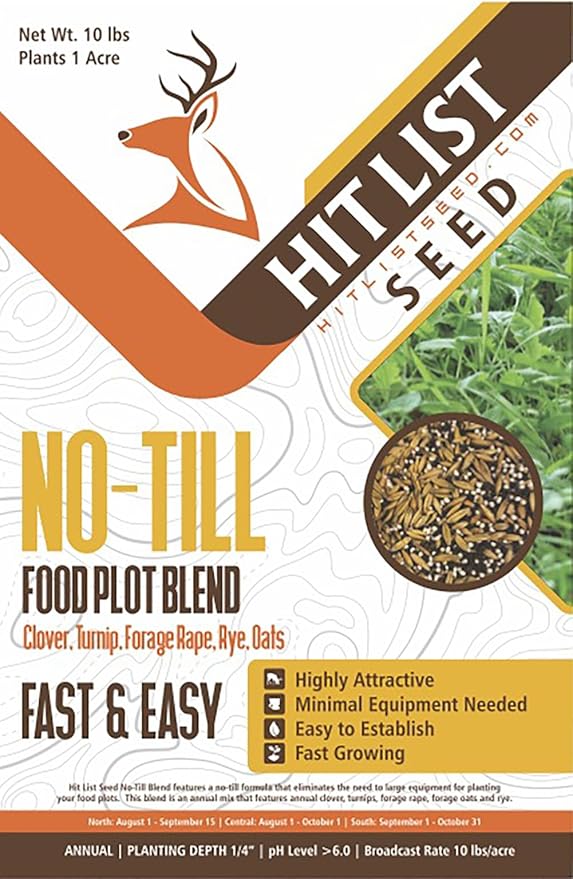 No Till Annual Mix - Throw and Grow Clover Rye Turnip Brassica Oats - No Plow Food Plot Seed for Deer - 10 lbs