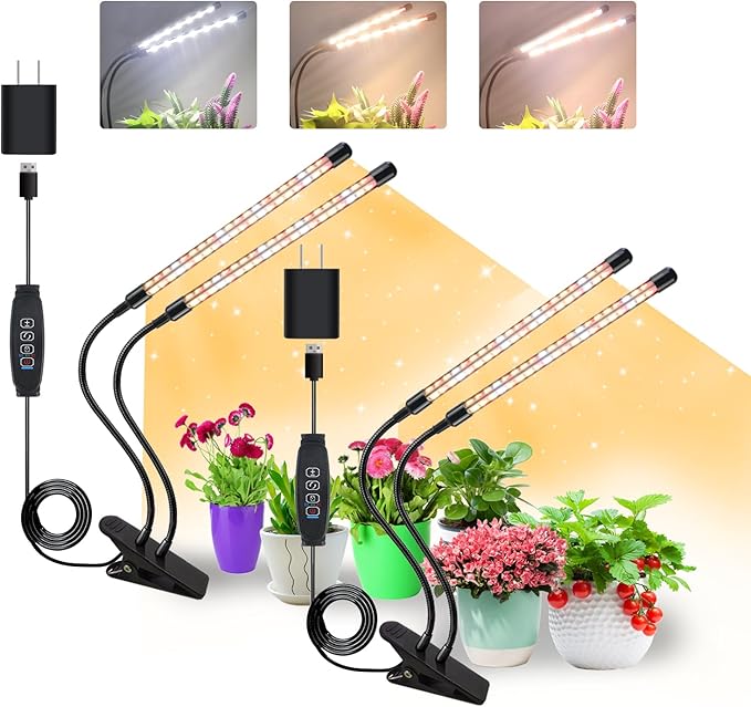 Plant Lights for Indoor Growing Full Spectrum 4 Heads Clip Grow Lamps with 10 Feet Cables for Seeding Blooming and Fruiting(2 Pack)