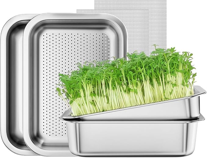 FANHAO 2-Pack Sprouting Tray Kit Stainless Steel Soil-Free Cultivation Germination Tray Healthy Wheatgrass Grower Sprouting Container Kit Nursery Tray for Indoors Plant Seedling