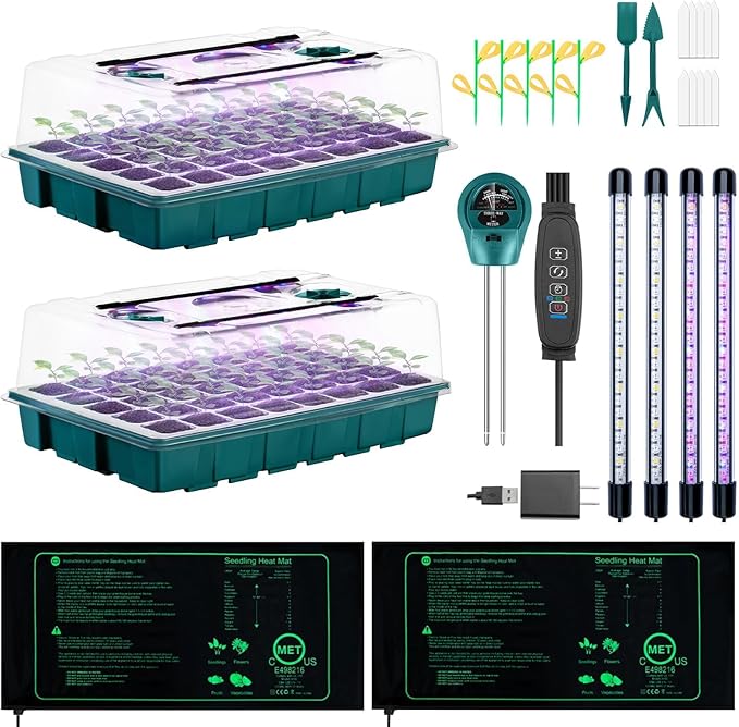 Seed Starter Tray with Grow Lights and Heat Mat 3-in-1 Soil Meter 80-Cell Seed Growing Tray Germination &amp Plant Propagation Station for Indoor Plants 2-Pack