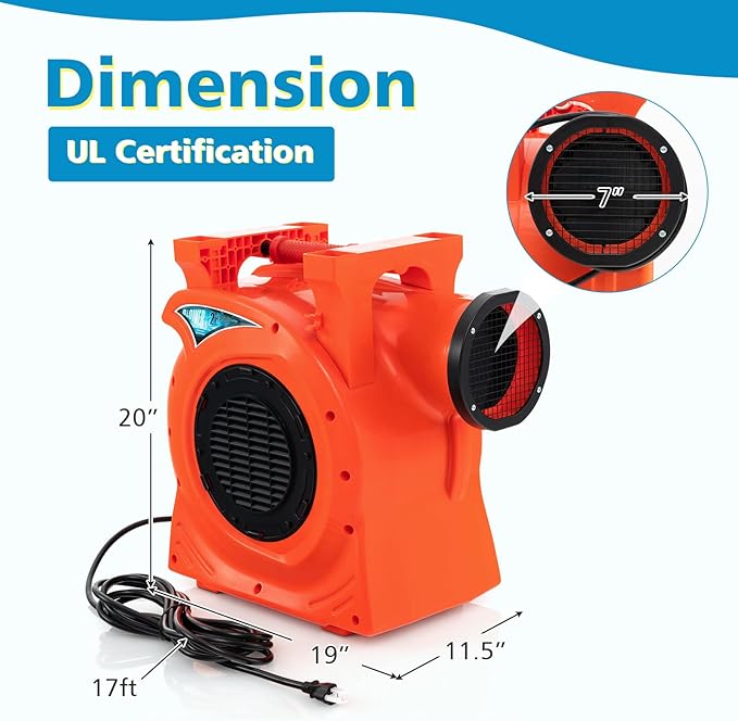 HONEY JOY Commercial Air Blower 2HP/1500W High Power Bounce House Blower Integrated Handle Air Blower for Large Outdoor Inflatables Air Sofas Electric Pump Fan for Bouncy Castle (2HP/1500W)