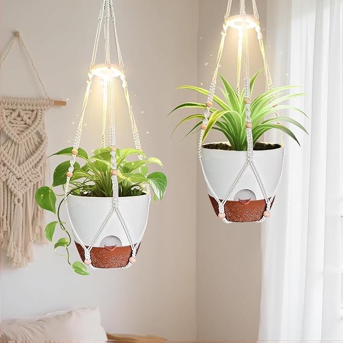 2 Pack Hanging Planters with Grow Light for Indoor Plants 10” Self Watering Pots for Apartments &amp Low-Light Rooms Macrame Hangers Timer Drainage Holes &amp Removable Tray