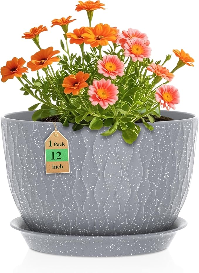 12 Inch Wide Water Ripples Flower Pots for Indoor or Outdoor Plants Large Plant Pots with Drainage Holes &amp Saucer Plastic Planters Set for Garden &amp Home Decor (Grey with White Speckles)