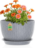 12 Inch Wide Water Ripples Flower Pots for Indoor or Outdoor Plants Large Plant Pots with Drainage Holes &amp Saucer Plastic Planters Set for Garden &amp Home Decor (Grey with White Speckles)