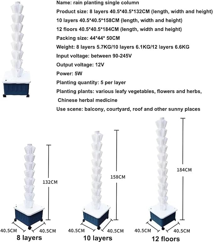 Vertical Grow Tower Hydroponics Growing System for Indoor Outdoor Garden Soilless Cultivation Growing System with Water Pump Nest Basket Sponge 8 Layers//1pc