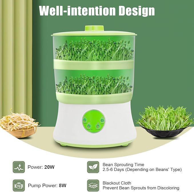 Bean Sprouts Machine 2 Layers Intelligent Automatic Bean Sprouts Maker 110V Bean Sprouts Growing kit with 360° Sprinkler &amp 3 Seasonal Modes for Radish Wheatgrass Broccoli Sprouts