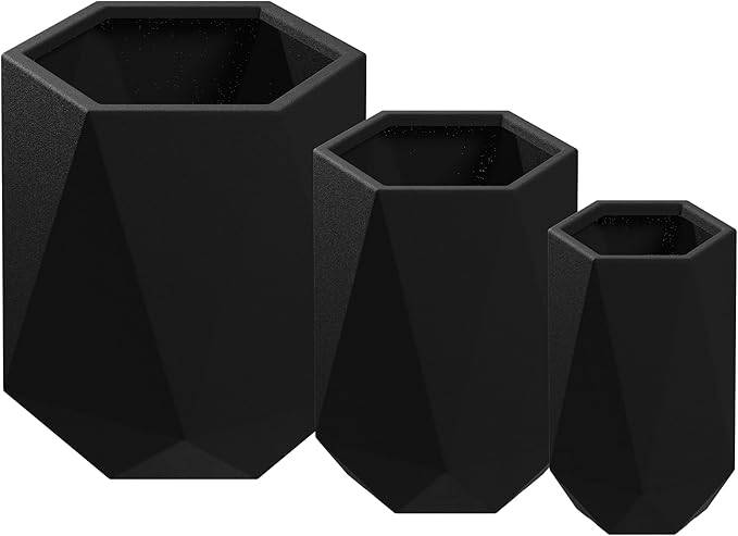 Beuta Large Planters for Outdoor Plants - Set of 3 15.5/18/20 Inches Outdoor Planters for Porch - Tall Planter for Outdoor &amp Indoor Plants | Large Indoor Plant Pot- USA Made - Black