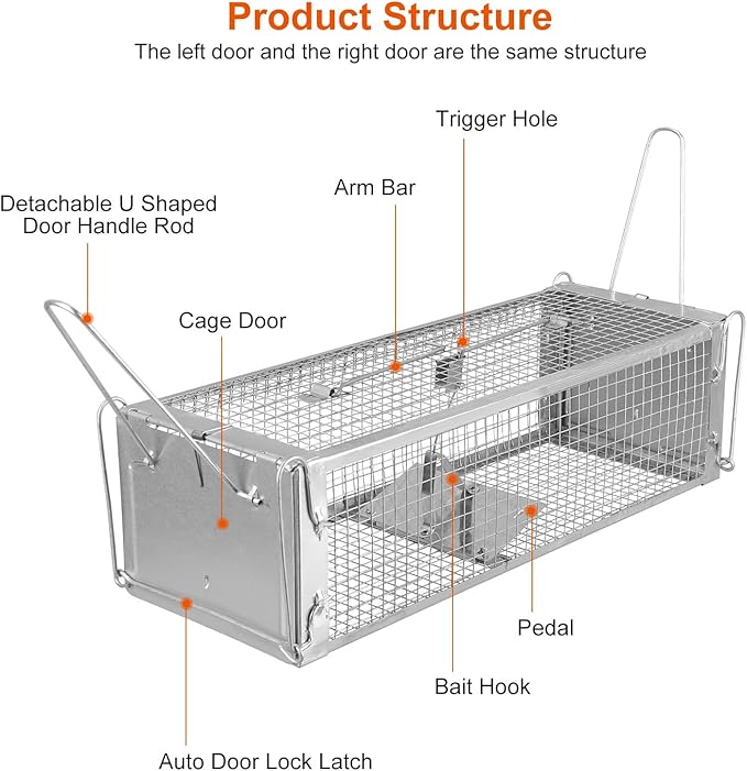 Moclever Humane Rat Trap Cage Dual Door Live Rat Traps Humane Live Rodent Dense Mesh Trap Cage Zinc Electroplating Mice Mouse Control Bait Catch with 2 Detachable U Shaped Rod for Small Animals