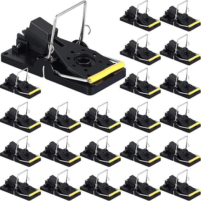 Qualirey 24 Pcs Mouse Traps Bulk Plastic Snap Rat Trap Reusable Quick Effective Safe for Indoor Outdoor Home House Warehouse Garden Kitchen 3.86 x 1.81 x 2.17 Inch (BlackYellow)