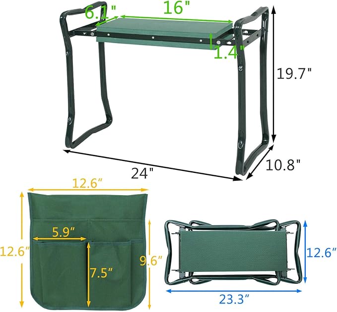 Foldable Garden Kneeler and Seat Portable Stool EVA Pad Bonus Tool Pouch USA