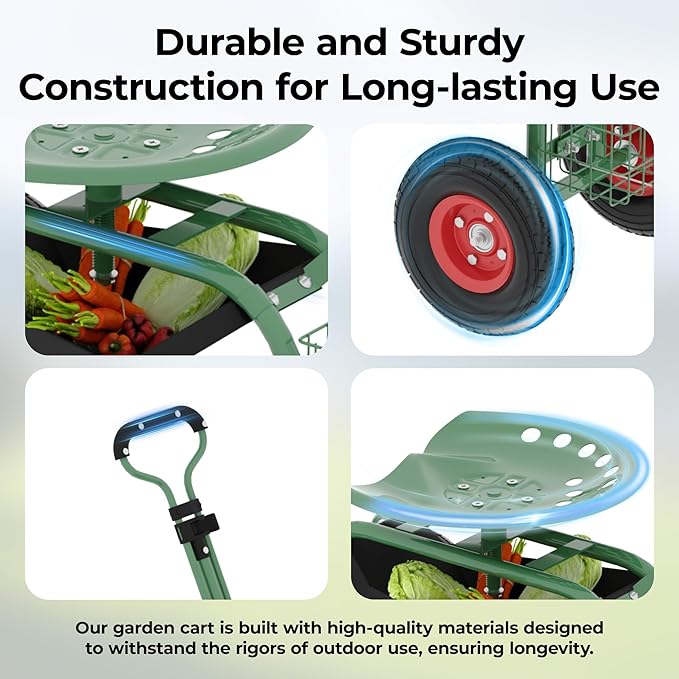 Garden Cart Workseat with Wheels Rolling Gardening Stool with 360° Swivel Seat Wagon Scooter with Steering Handle &amp Utility Tool Tray for Planting Weeding Lawn Care