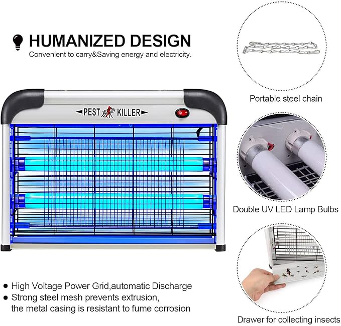 Fly Trap Indoor Bug Zapper 2800V Powerful Flying Insect Mosquito Killer w/ 20W Blue Light Attract Plug-in Pest Control Machine for Moth Fruit Fly Fungus Gnat Garage Bug Catcher