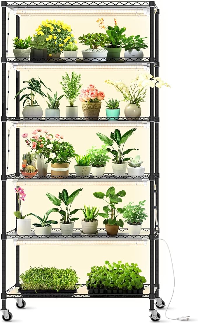 Bstrip DIY Plant Shelf with Grow Light Grow Light Shelf with Adjustable Rack and Wheels Plant Stand 8-Pack 192W T8 Full Spectrum Lamps ideal for Seed Starting Seed Tray 29.5L x 13.8W x70.9H