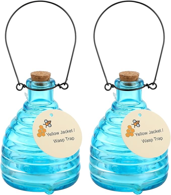 2 Pieces Glass Wasp Trap Outdoor Hanging Reusable Wasp Traps with Steel Hooks Yellow Jacket Catchers Trap for Outside Garden Farm Courtyard Garden Blue