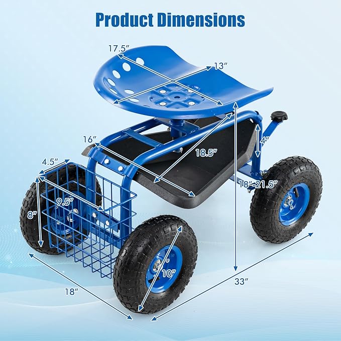 Goplus Garden Seat with Wheels Rolling Garden Cart with 360 Degree Swivel Seat for Planting Gardening Stool w/Tool Tray Basket Gardening Chair Workseat Patio Wagon Scooter for Seniors