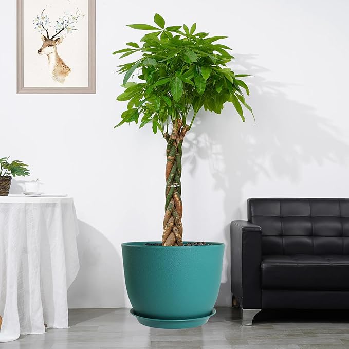 12/10/9 Large Modern Plant Pots Plastic Planters with Drainage Holes and Saucers for Indoor Outdoor Plants Flowers Malachite Green