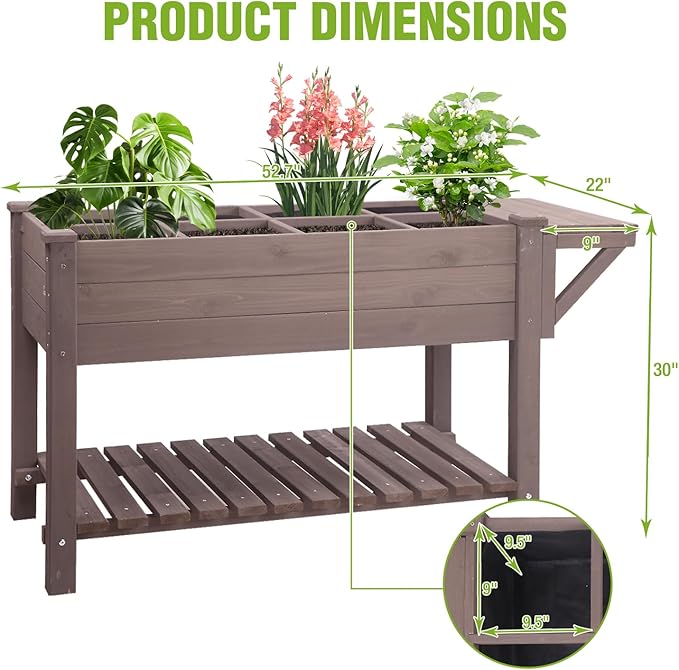 GUTINNEEN Elevated Wooden Planter Box with Locking Casters - 52.7 L x 22 W x 30 H Raised Garden Bed Removable Liner &amp 230lb Weight Capacity for Outdoor Plants