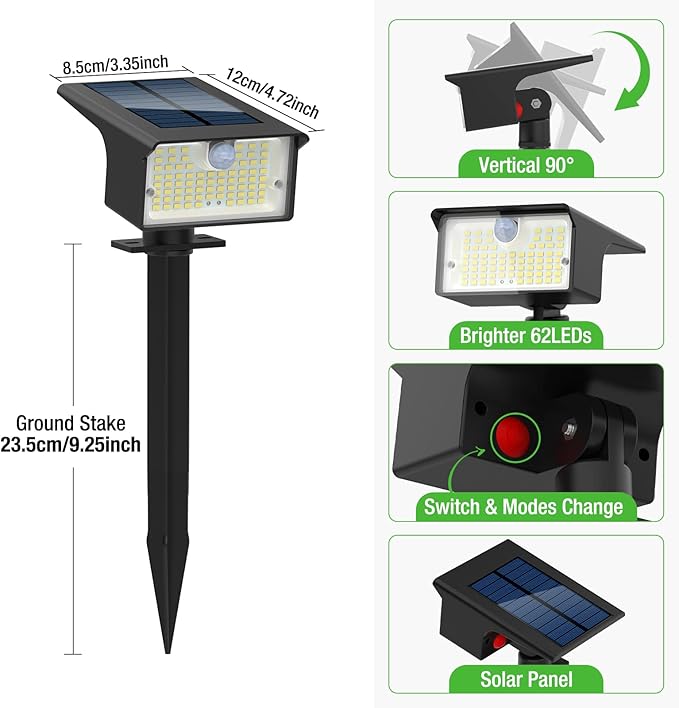 nipify Solar Spot Lights Outdoor Motion Sensor [9 Pack/62 LED]3 Modes Solar Landscape Spotlights Outdoor Waterproof 2-in-1 Solar Lights Outdoor Wall Lights for Yard Garden Patio Pathway Cool White