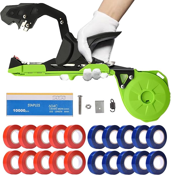Suca Plant Tying Machine Lightweight Plant Tying Tape Tool to Tie Up Vine Quickly Tie Tapener Gun with Tapes and Staples Green