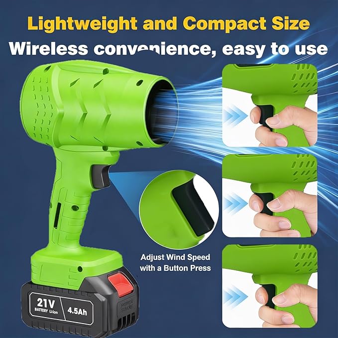 Electric Leaf Blower Handheld Car Vacuum Cleaner Wind Speed Cordless Battery Blower with 2 Rechargeable Batteries and Charger Powered Handheld Blower Leaf for Yard Leaf &amp Snow Removal(Lime)