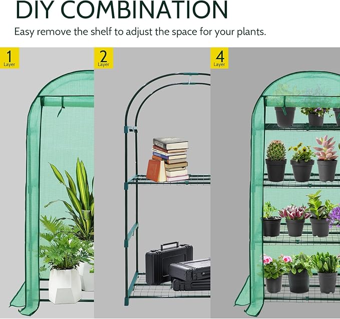 EAGLE PEAK 4-Tier Mini Greenhouse Portable Green House with Shelves &amp Weather-Resistant PE Cover Small Greenhouse for Seedlings &amp Gardening Gifts 32x18x63 in Clear/Green