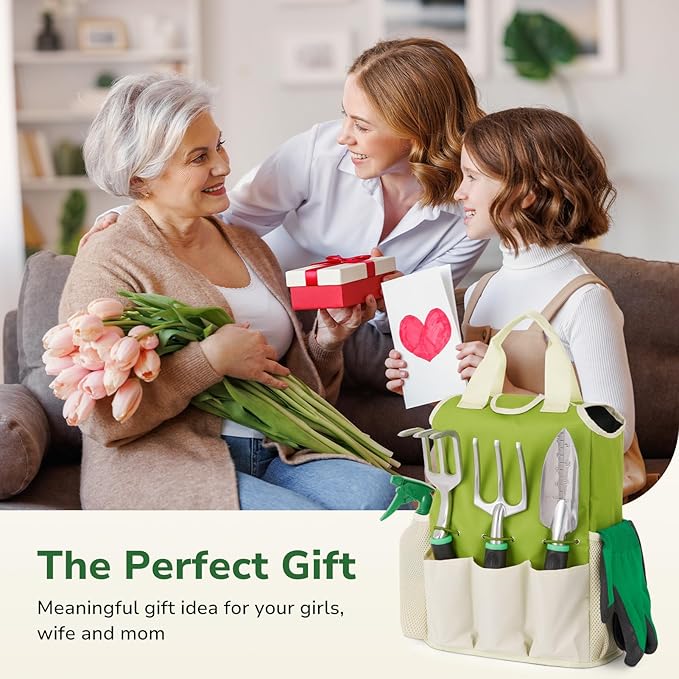 GreatBuddy Garden Tool Set for Women 9 Piece Heavy Duty Rust-Proof Gardening Tool Set with Ergonomic Handles &amp Durable Organizer Handbag Ideal Gardening Gifts for Mothers Gardener BeginnersGr