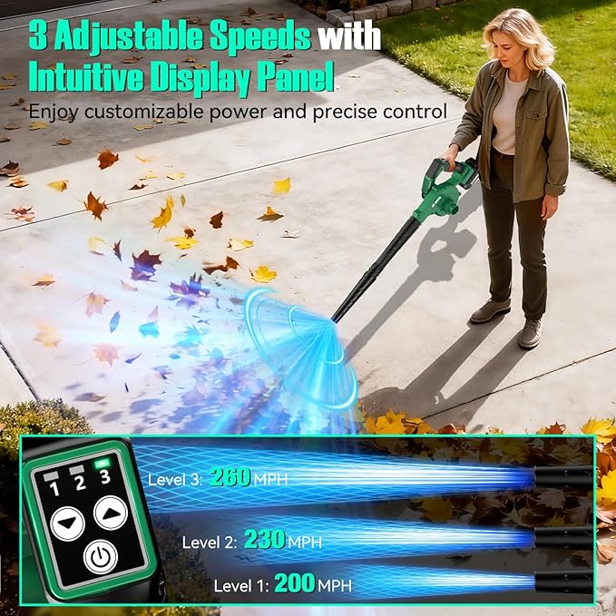 K I M O. Cordless Leaf Blower and Vacuum Combo 4 In 1 3 Nozzles for Inflation and Deflation 190MPH/260CFM Smart Panel w/ 3Modes 20 Extended Tube 2Pack Battery Operated Leaf Blowers for Lawn Care