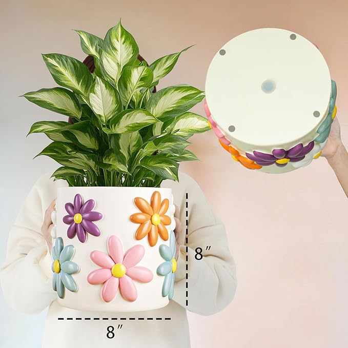 GUGUGO 8 Inch Daisy Planters Decorative Large Plant Pots with Drainage Holes Funny Unique Flower Pot for Indoor Plants Colorful Gardening Pot for Boho Modern Home Décor White