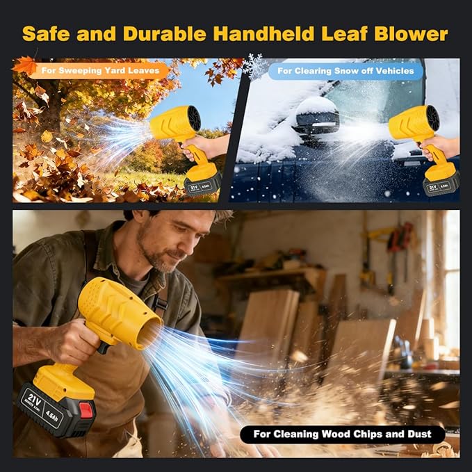 Electric Mini Leaf Blower Powered Handheld Blower Leaf Adjustable Wind Speed Cordless 21V Battery Blower with 2 Rechargeable Batteries and Charger Toolbox for Yard Leaf &amp Snow Removal(Yellow)