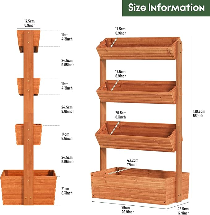 Vertical Wooden Raised Garden Bed Garden Planters Freestanding Wood Plant Stand Flower Rack Wooden Planter Box for Plants Herbs Flowers Vegetables Outdoor Indoor Gardening (4-Tier Brown)