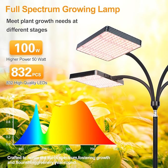 2026 4Head Grow Light with Upgrade Stand Big Coverage Grow Lights for Indoor Large Plant Bonsai Tree 4/8/12/16/20H Timer 100 Watt Power Draw NO Need Adapter 24-76 Height Adjustable