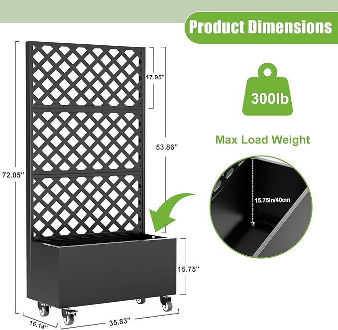 72 Planter Box with Trellis &amp Wheels Planter Boxes Outdoor with Drainage Hole for Climbing Plants Raised Planter with Privacy Screen Black