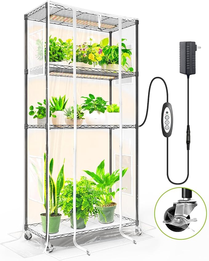 Indoor Greenhouse with Grow Light and Shelves - 4 Tier Plant Stand with Grow Light Zippered PVC Cover and 3 Dimmable 1.8FT 60W Grow Lights with Timer 30 L X 14 W X 59 H Black